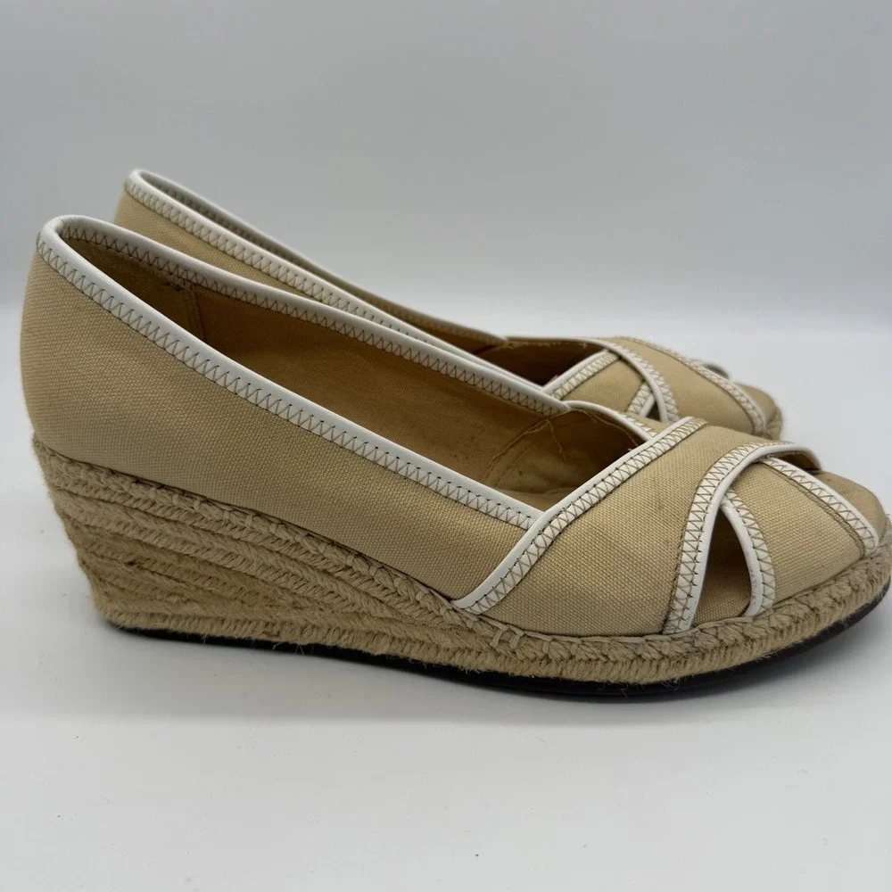 Naturalizer Sanibel-1 Tan Canvas Espadrille Wedge Heels Neutral 8M